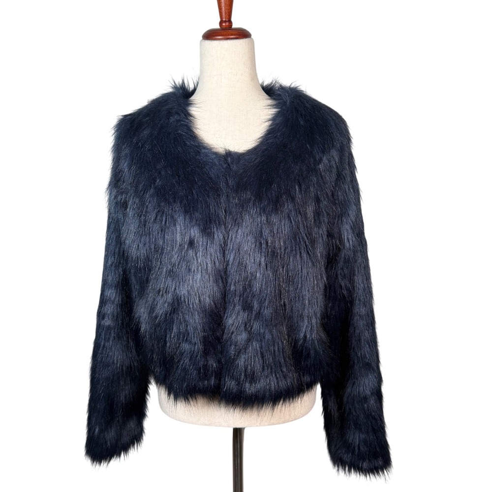 Free People Midnight Navy‎ Blue Faux Fur Jacket Cropped Shaggy Fluffy Christmas